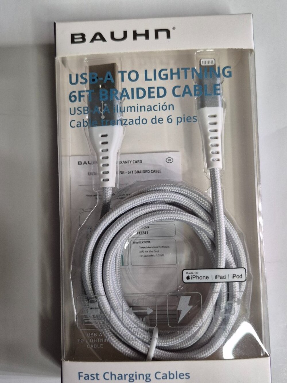 Bauhn Fast Charging Cable USB A to Lightning, 6FT Braided Cable, NEW